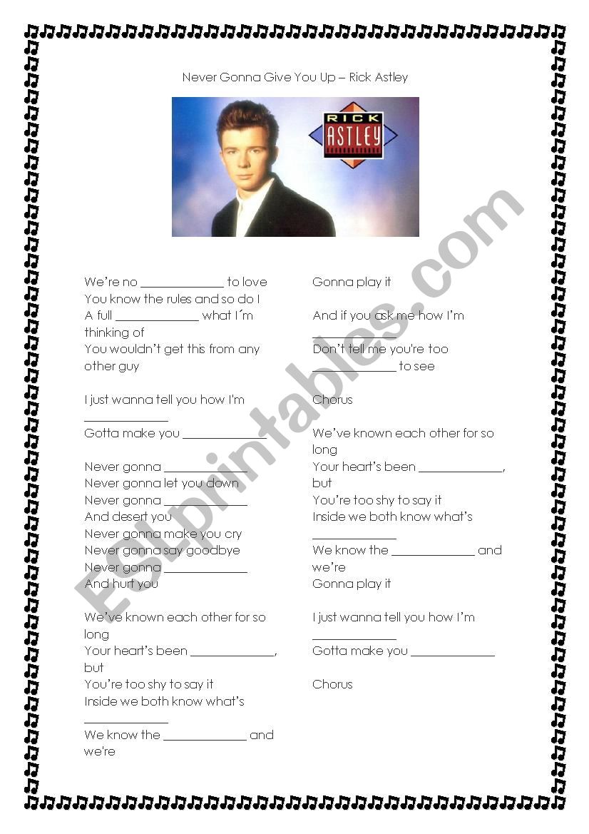 Never Gonna Give You Up Rick Astley Esl Worksheet By Camilaiandoli
