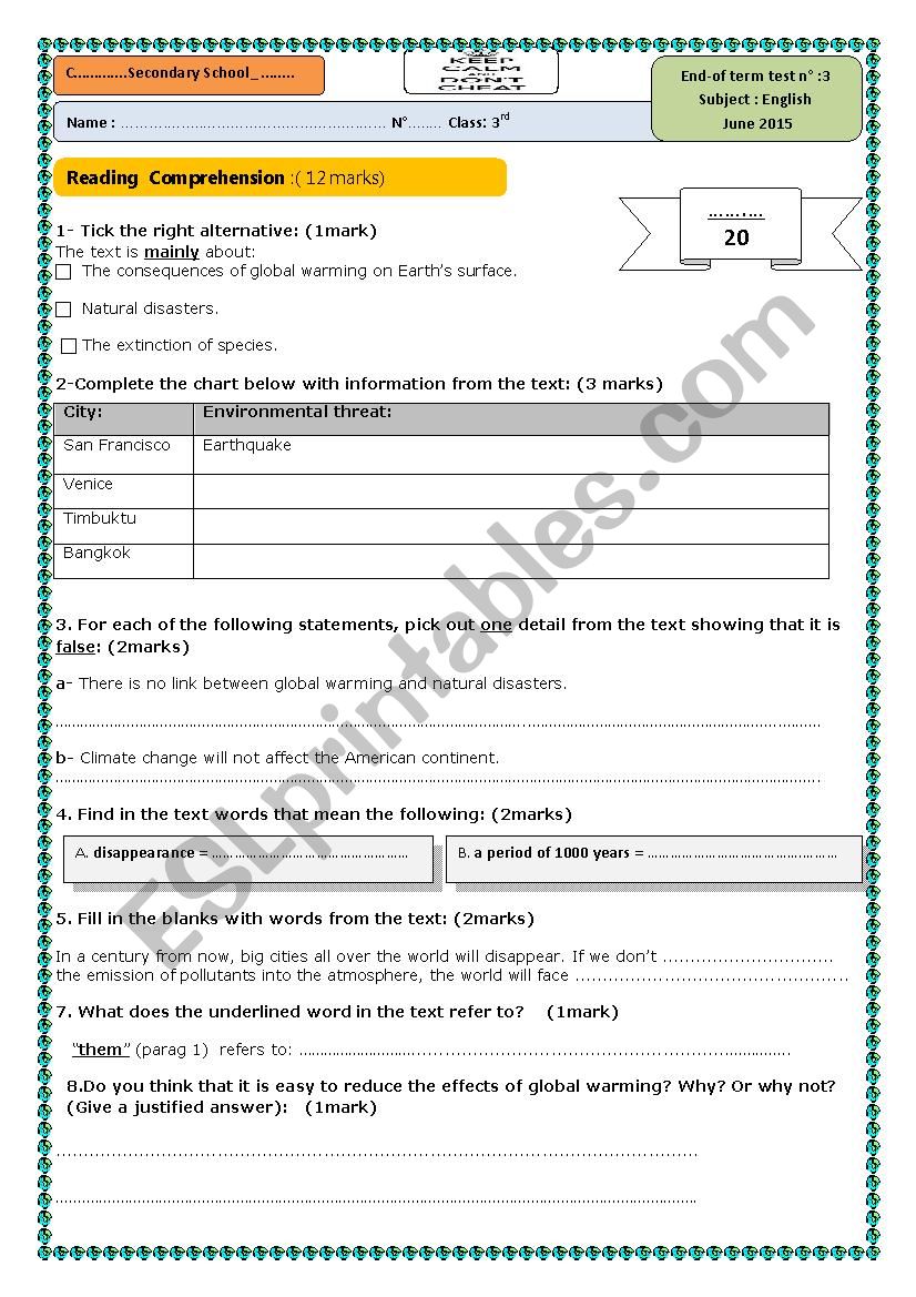 end of term test n3 third form 2015 tunisian program