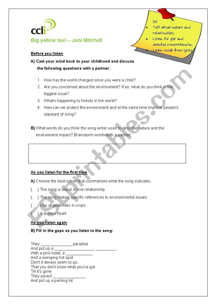 Big yellow taxi lesson  worksheet