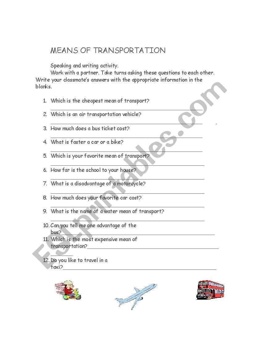 Means of Transportation worksheet