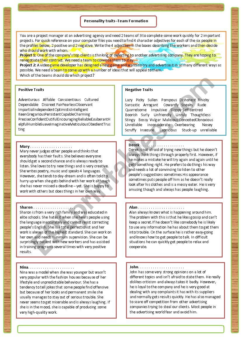 Adjectives of personality: Team Building