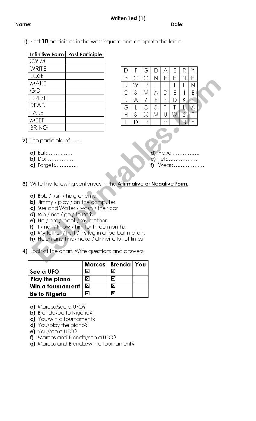 WRITTEN TEST PRESENT PERFECT worksheet