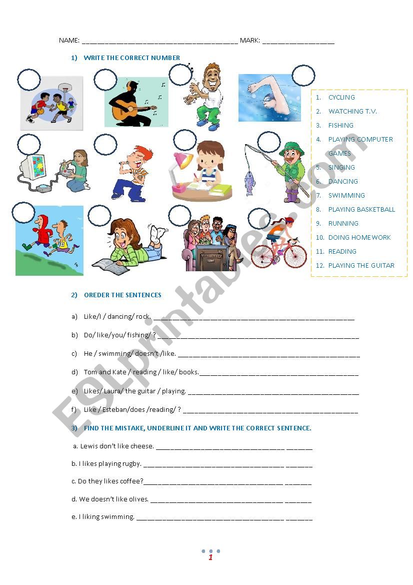 Test about Hobbies and Like worksheet