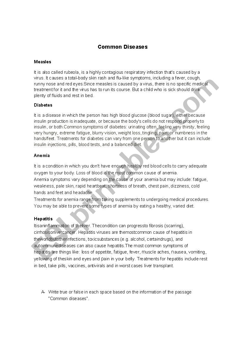 Common diseases worksheet