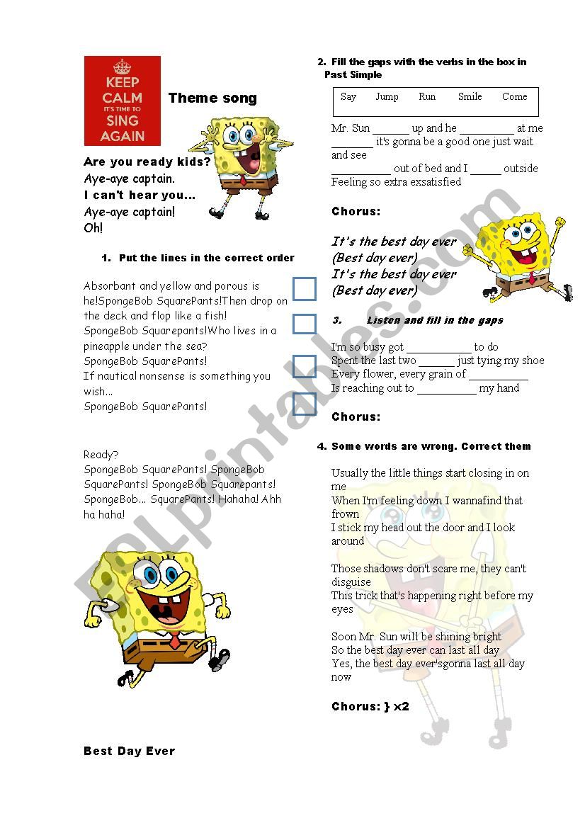 Spongebob theme song worksheet