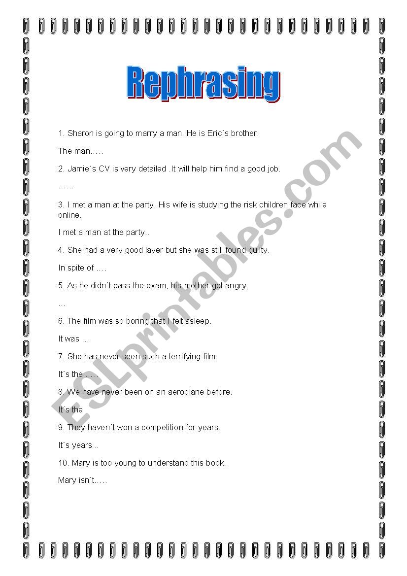 Rephrasing exercises worksheet