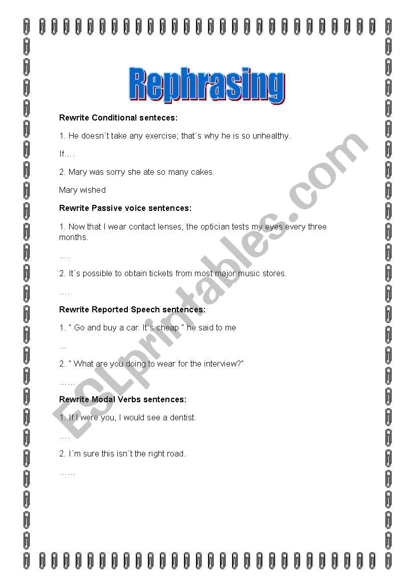 Rephrasing exercises worksheet