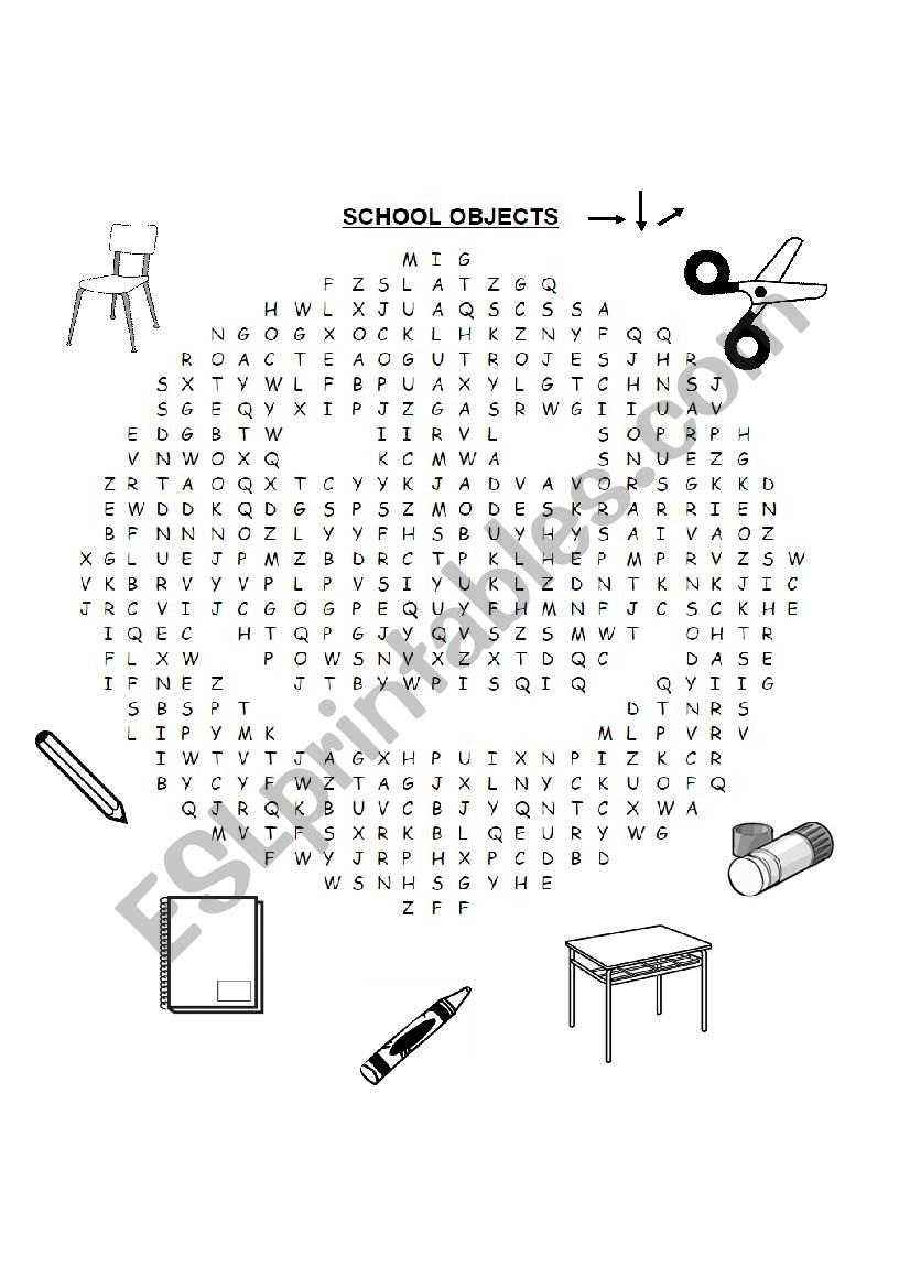 school objects wordsearch worksheet