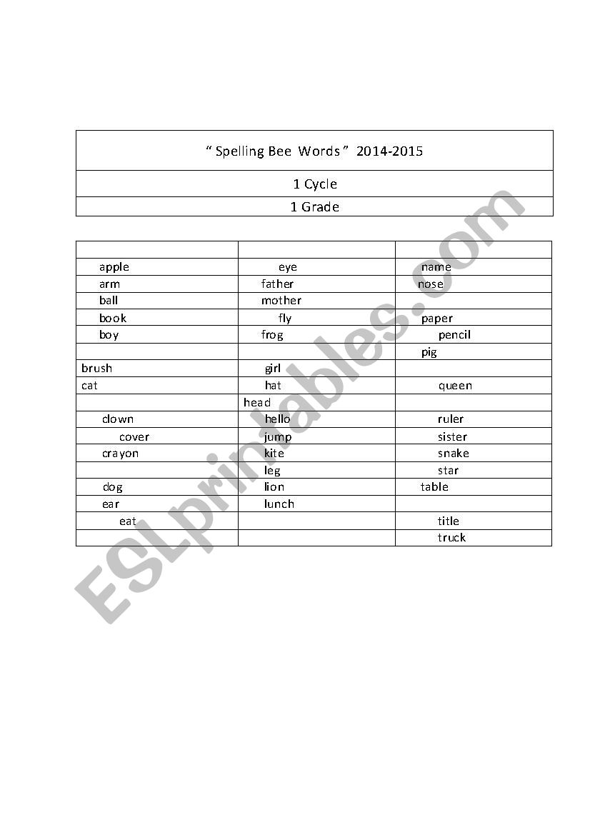 spelling bee word list worksheet