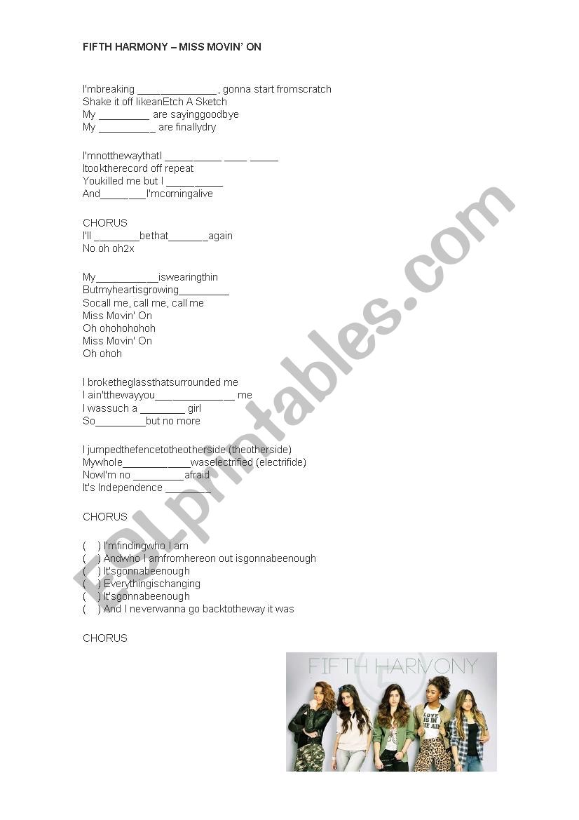 Fifth Harmony - Miss movin on worksheet