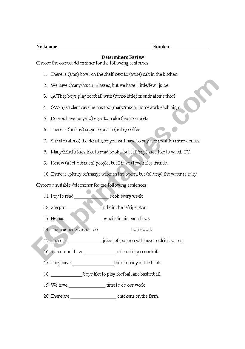 Determiners Review worksheet