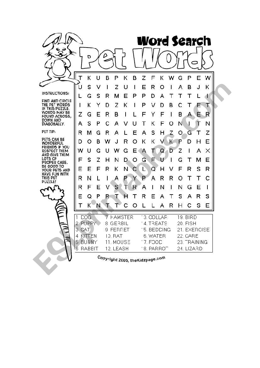 Animals wordsearch worksheet