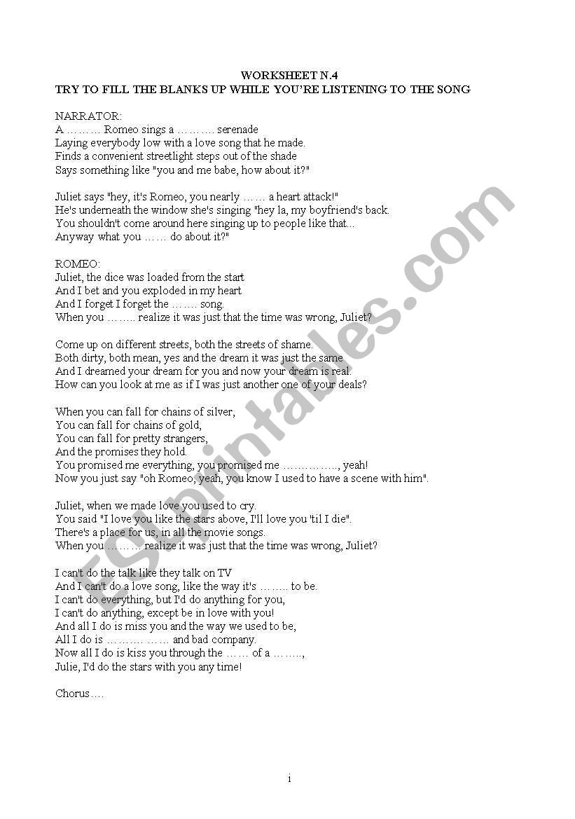 Listening Exercises On Romeo And Juliet Song Esl Worksheet By Sissis