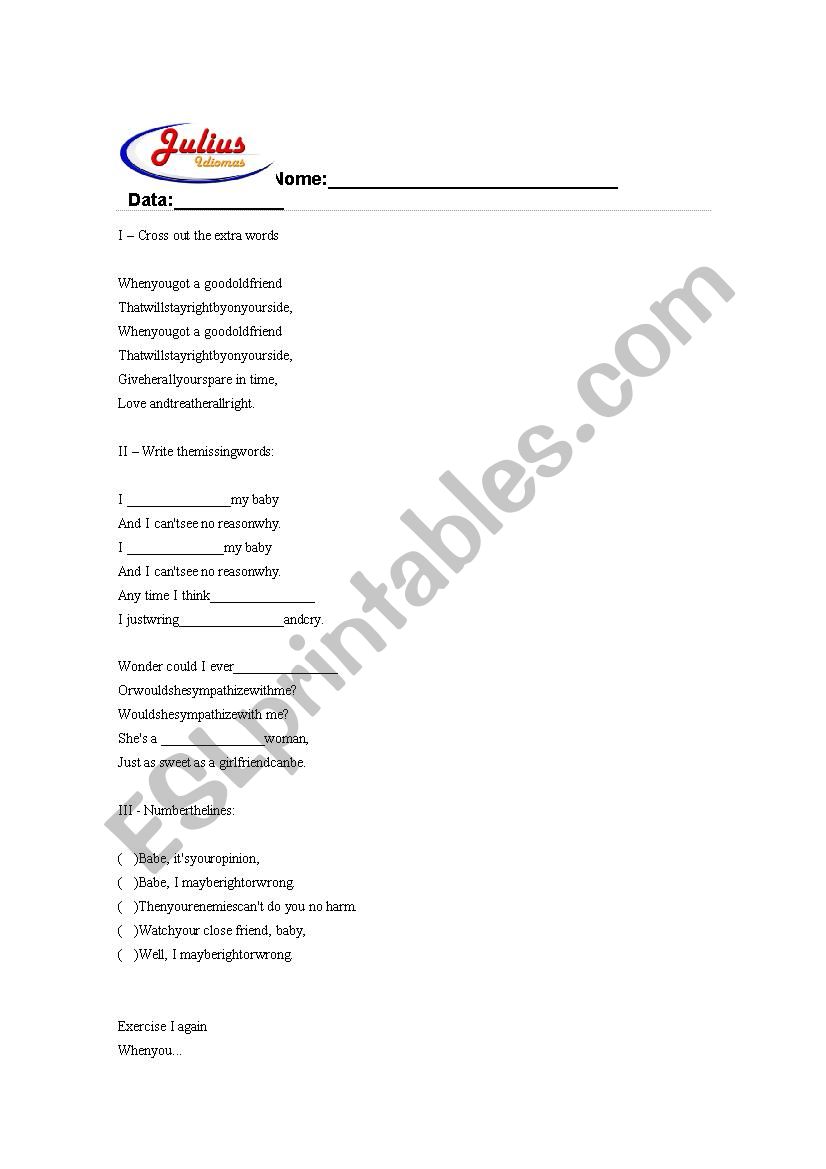 When you got a good friend - Eric Clapton song worksheet