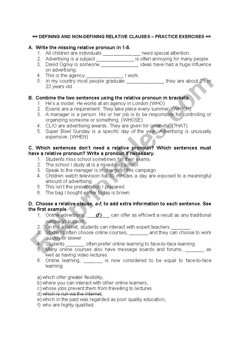 Defining and non-defining relative clauses - practice exercises