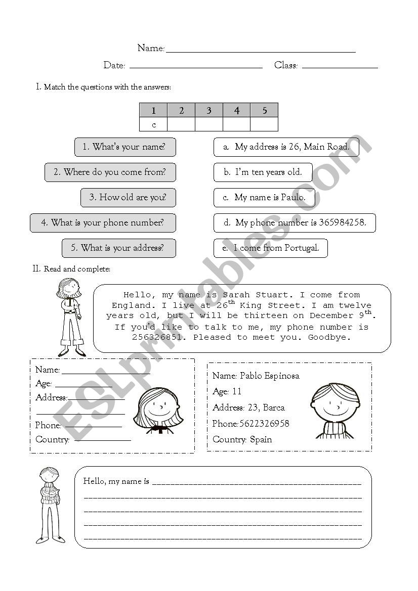 personal information worksheet