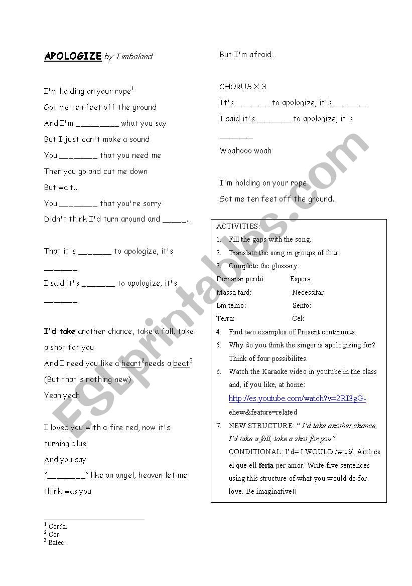 Apologize by Timberland worksheet