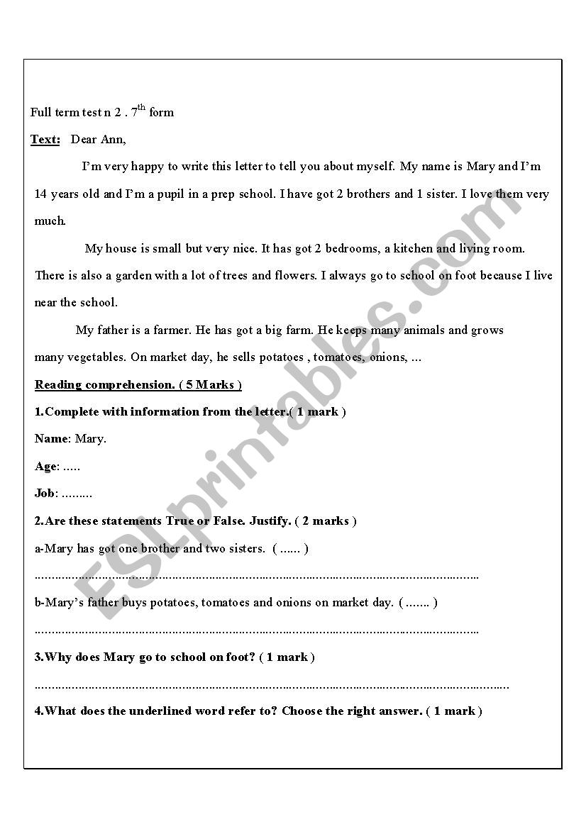 full term test n 2 -7th form worksheet