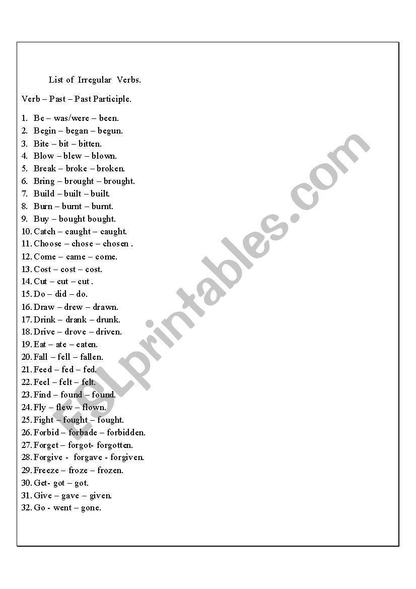 Irregular verbs worksheet