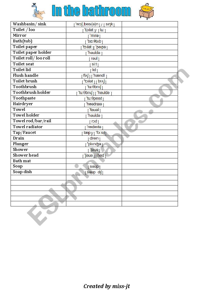 In the bathroom (Word list) worksheet