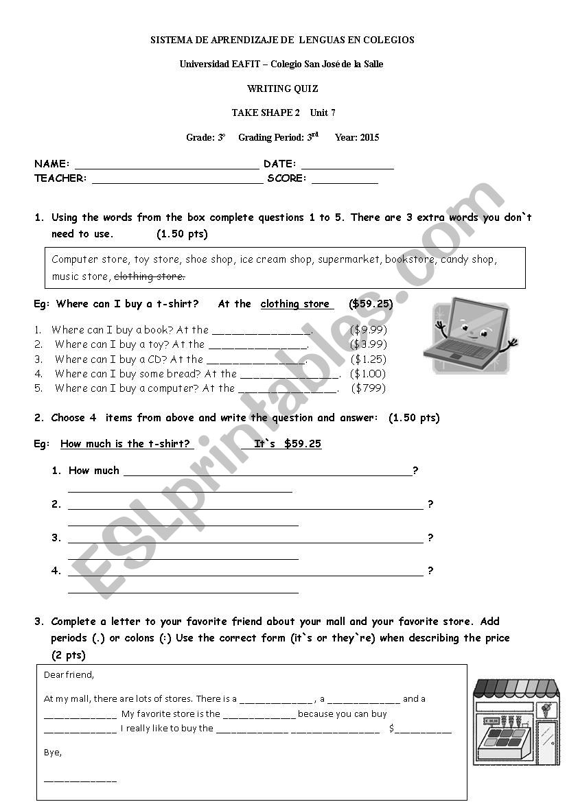 Writing worksheet (clothes, prices, how much)