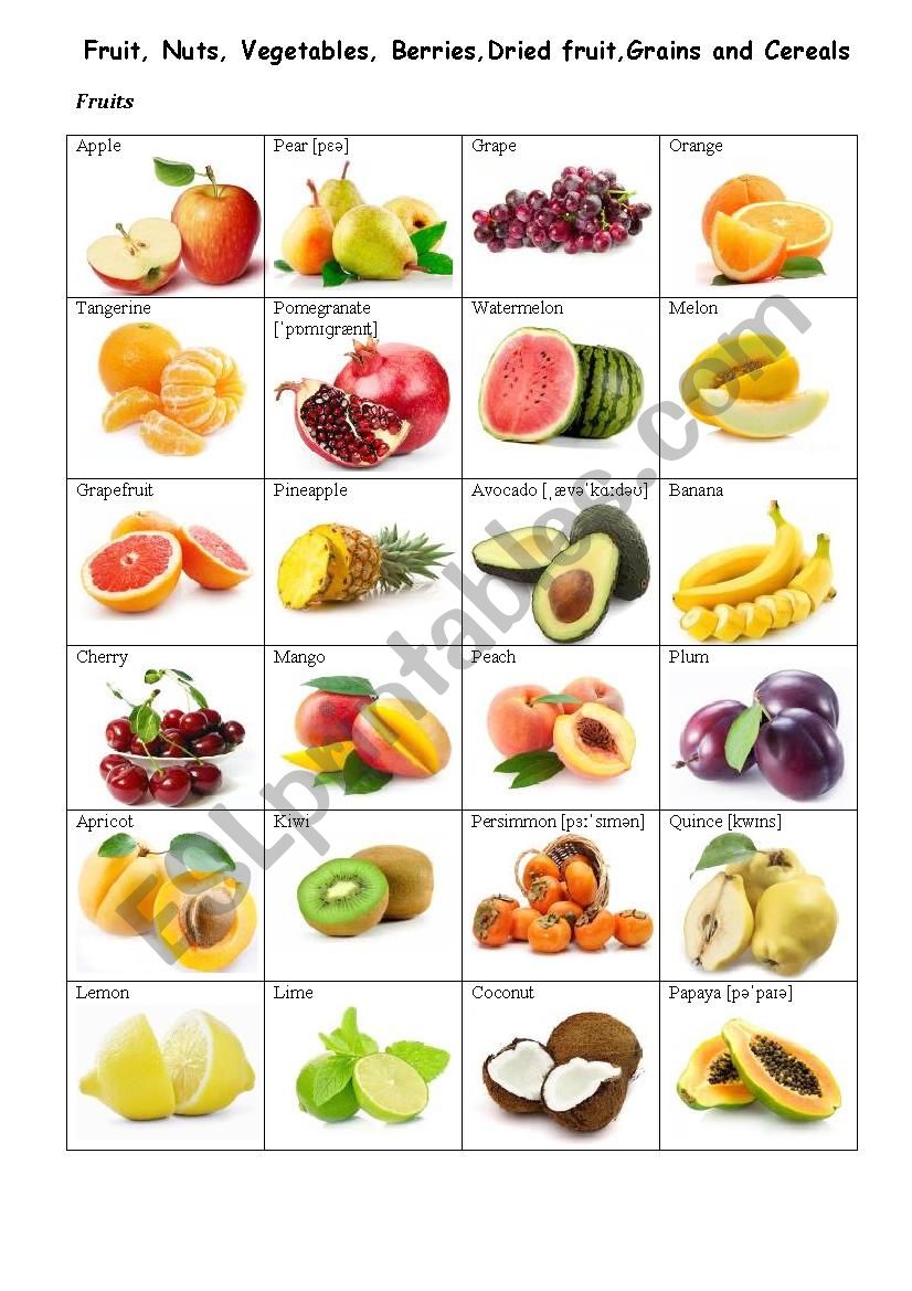 Fruit, Nuts, Vegetables, Berries, Dried fruit, Grains and Cereals (Vocabulary worksheet)