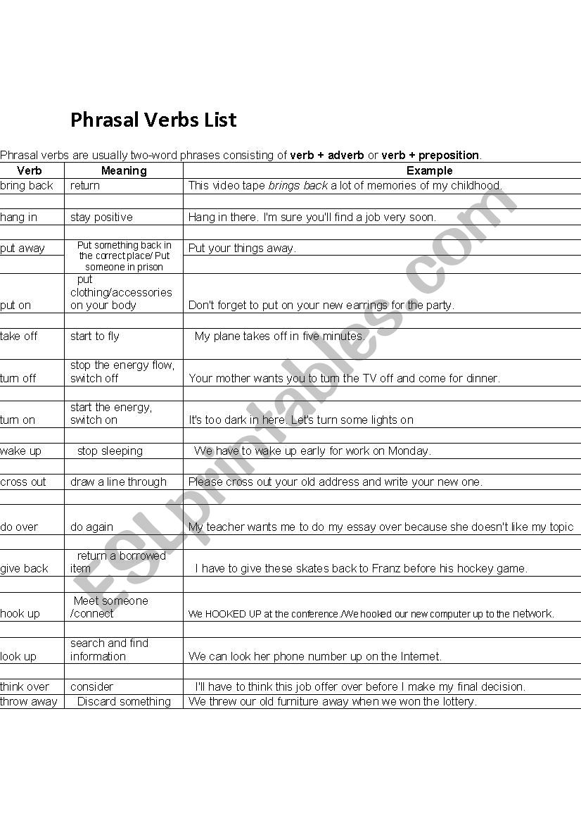 phasal verbs worksheet