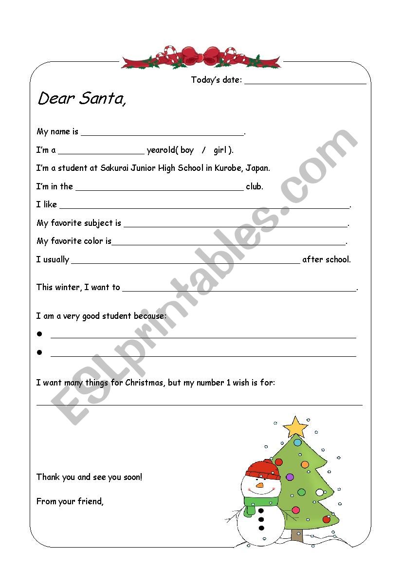 Letter to Santa (template) worksheet