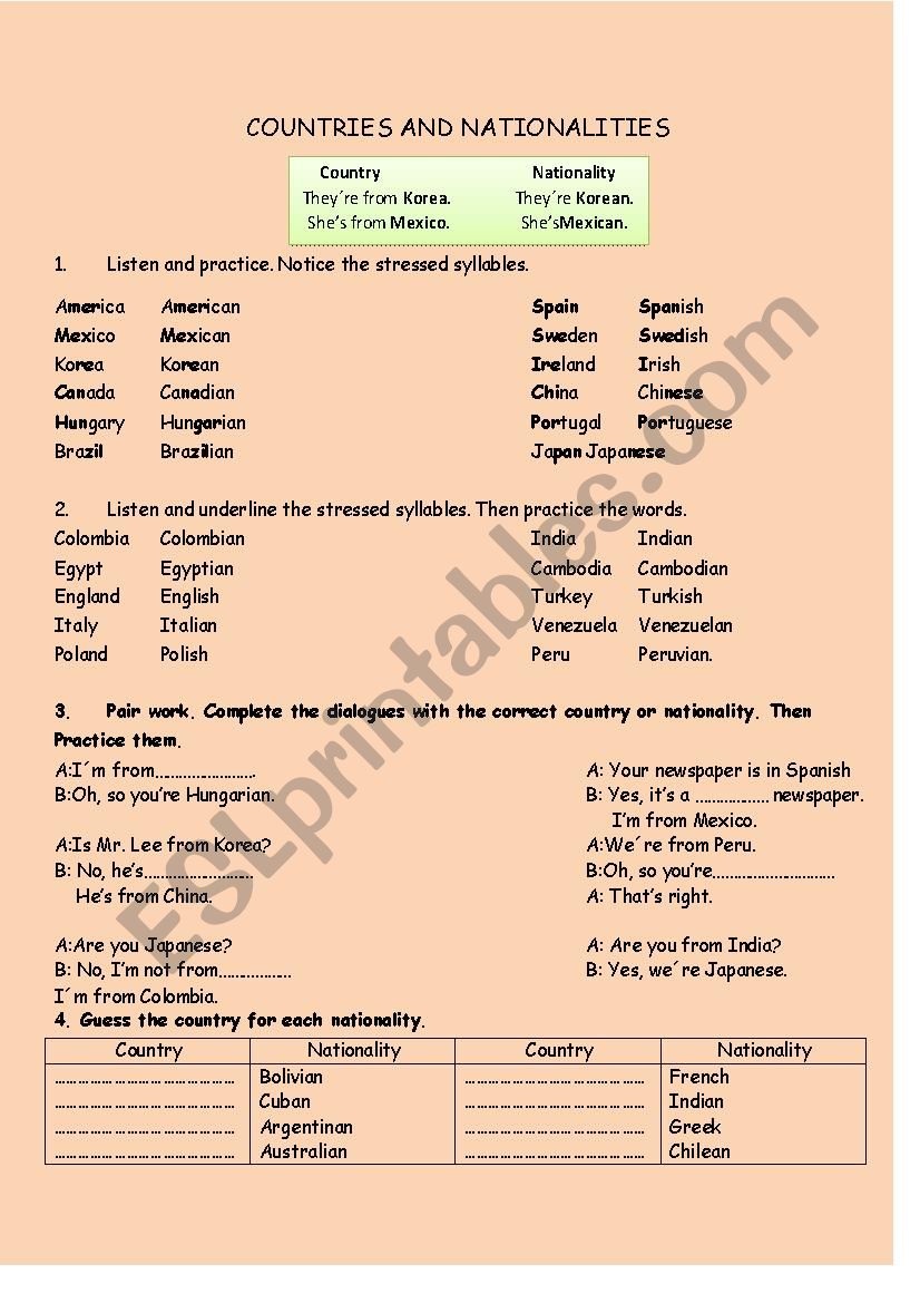 Countries and nationalities worksheet