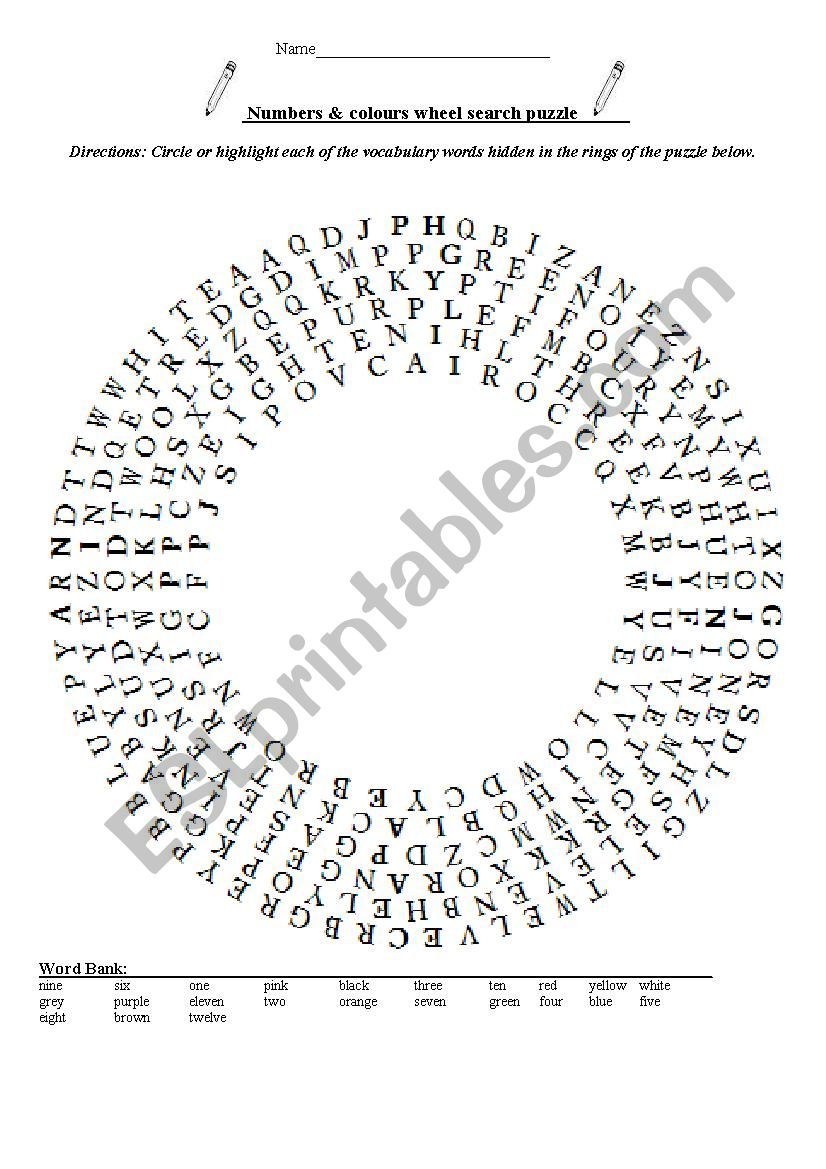 Numbers & Colours Wordsearch - Elementary