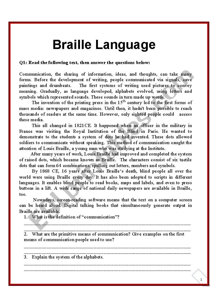 Braille Language  worksheet