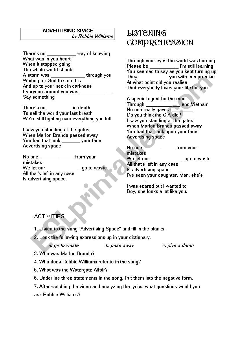 ADVERTISING SPACE worksheet