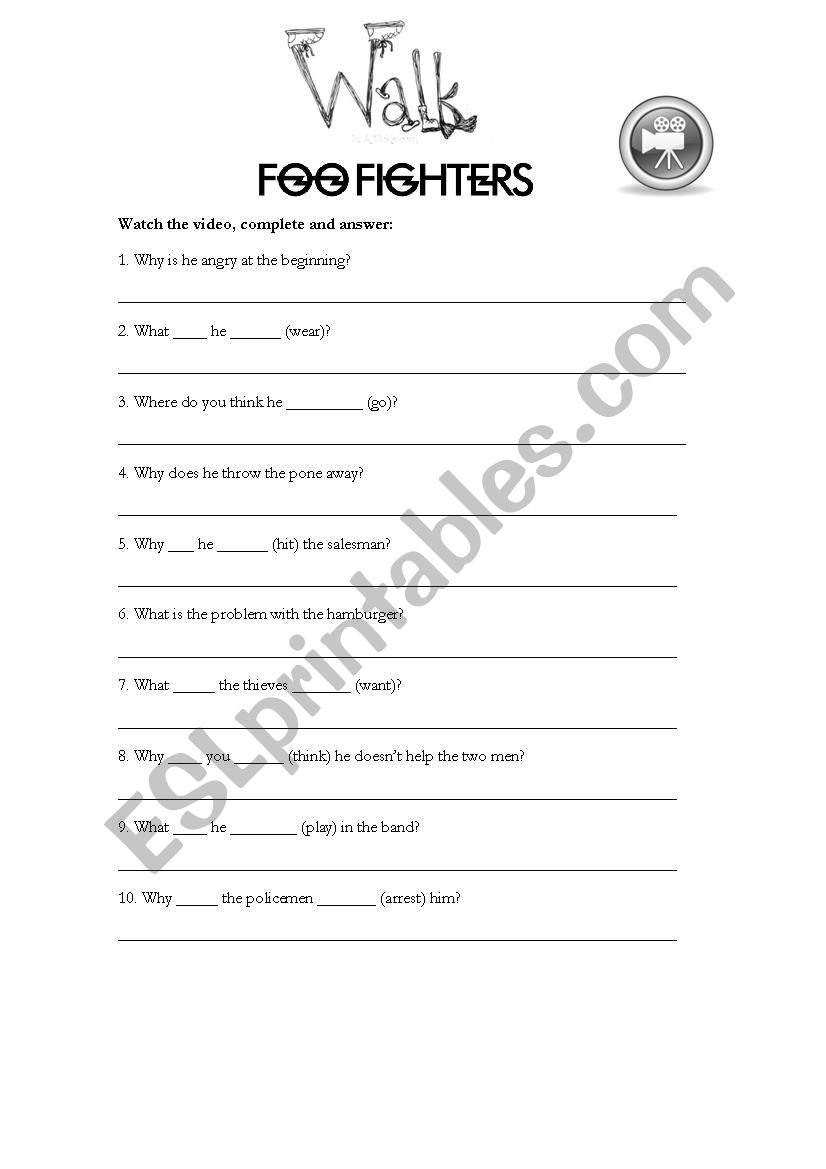 Walk By The Foo Fighters Video Activity Esl Worksheet By Roserjak