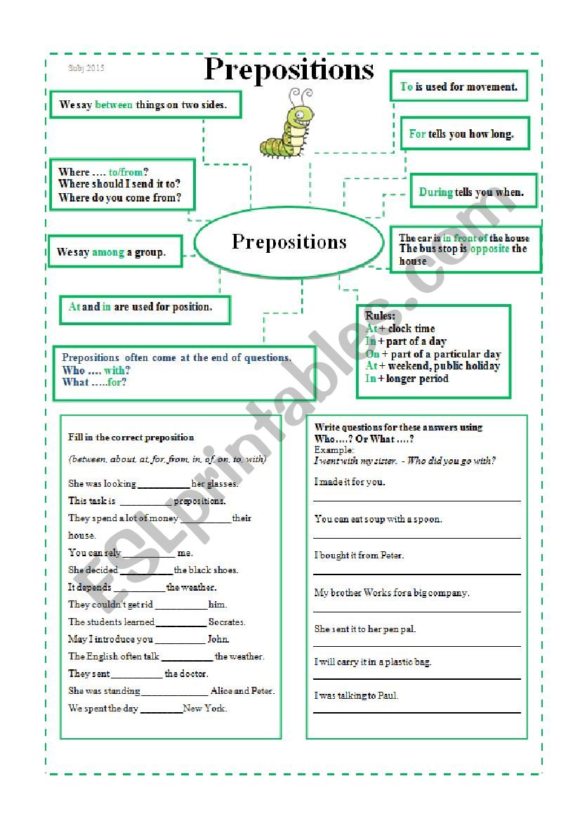Prepositions special worksheet