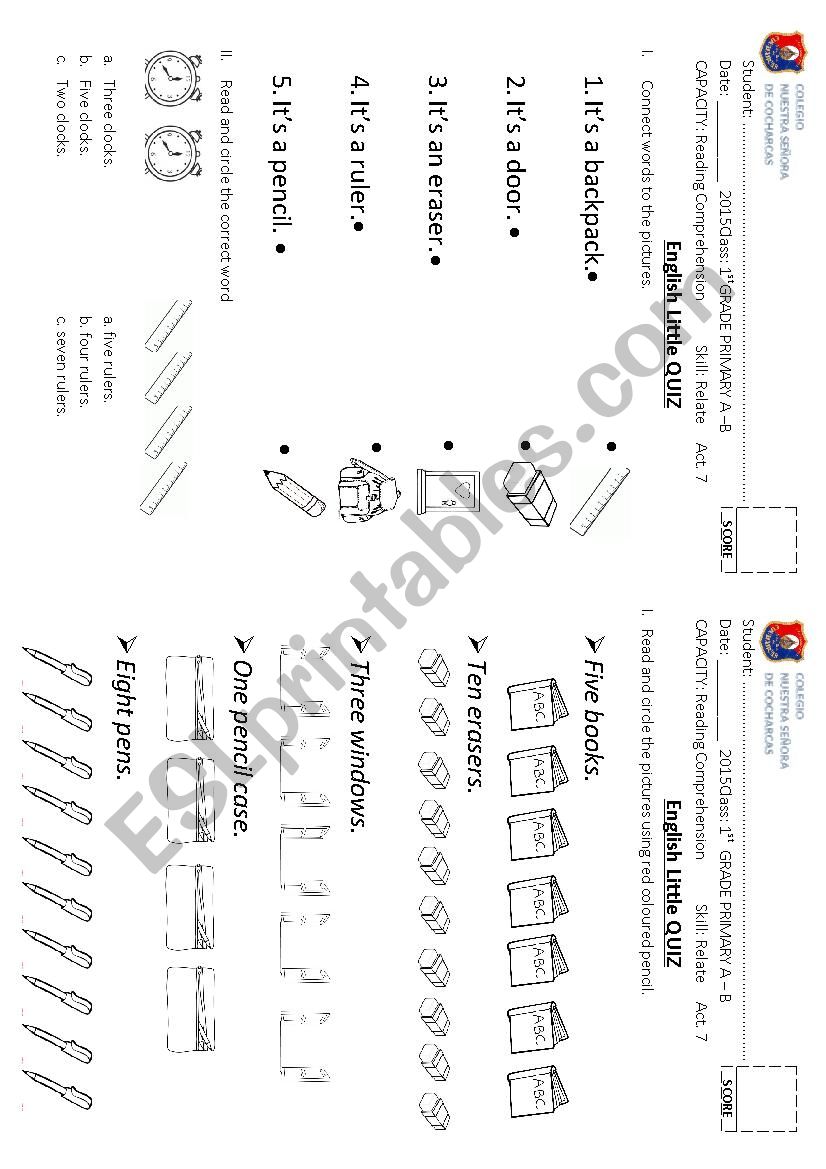 Numbers and school objects worksheet