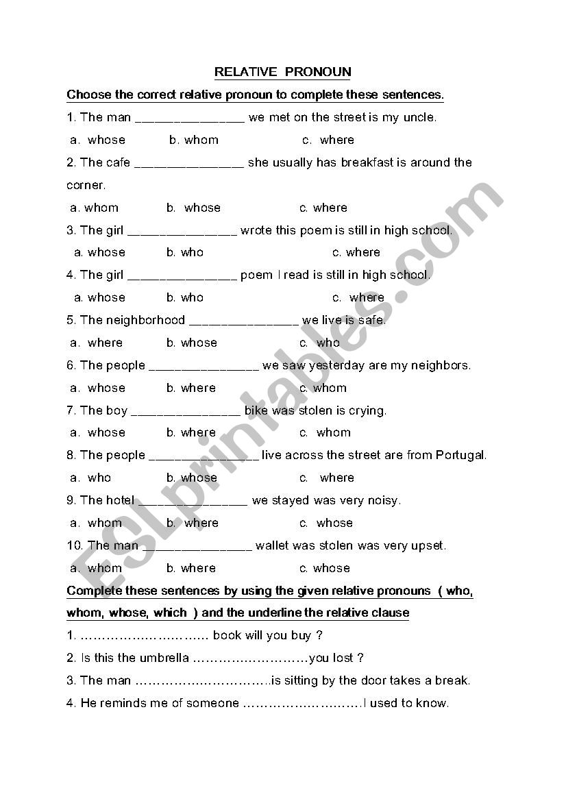 Relative Pronoun  worksheet