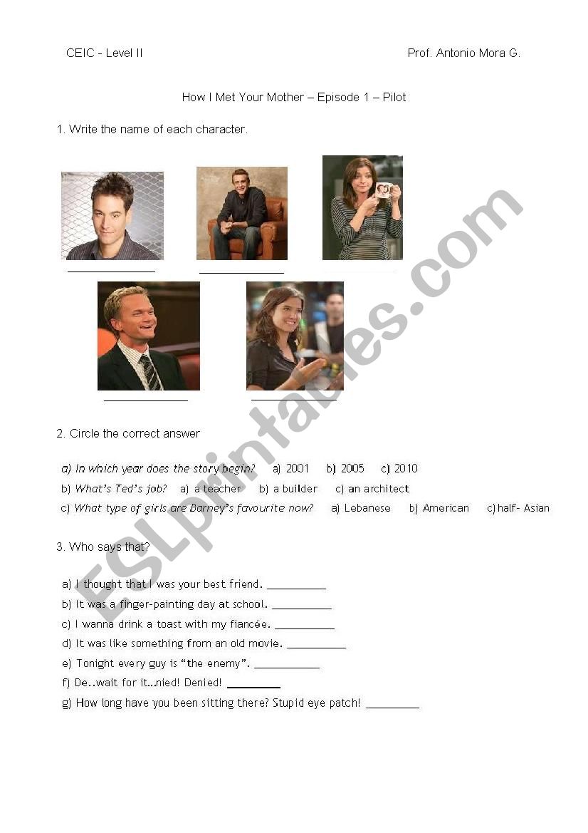 HIMYM Pilot Activities worksheet
