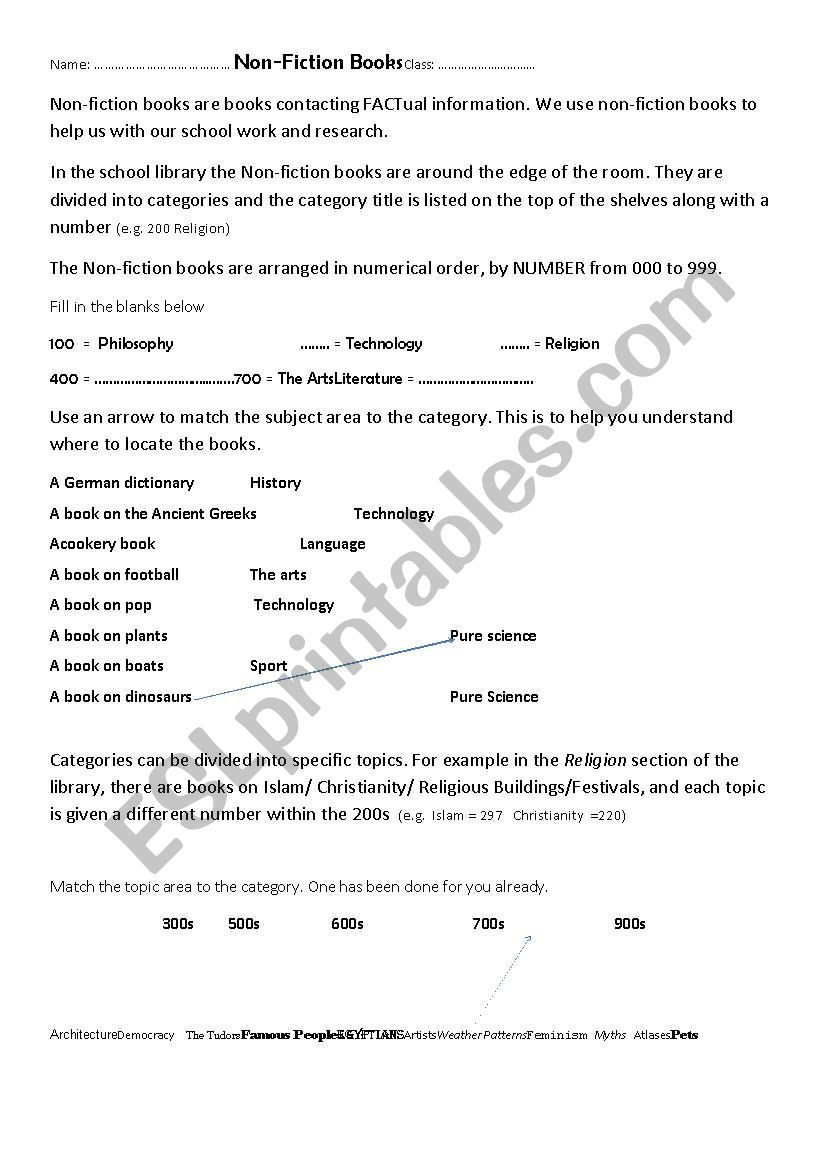 Exercise for ordering the non fiction secrion of the library