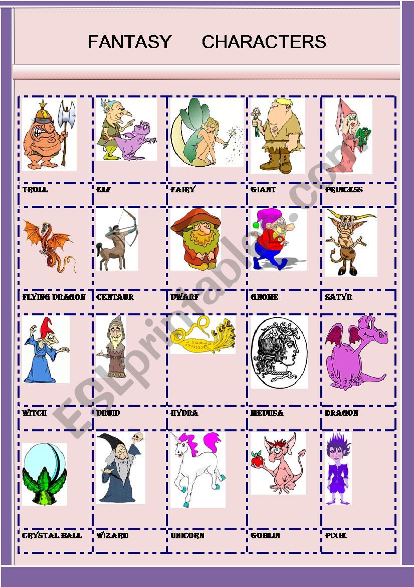 FANTASY CHARACTERS PICTIONARY worksheet