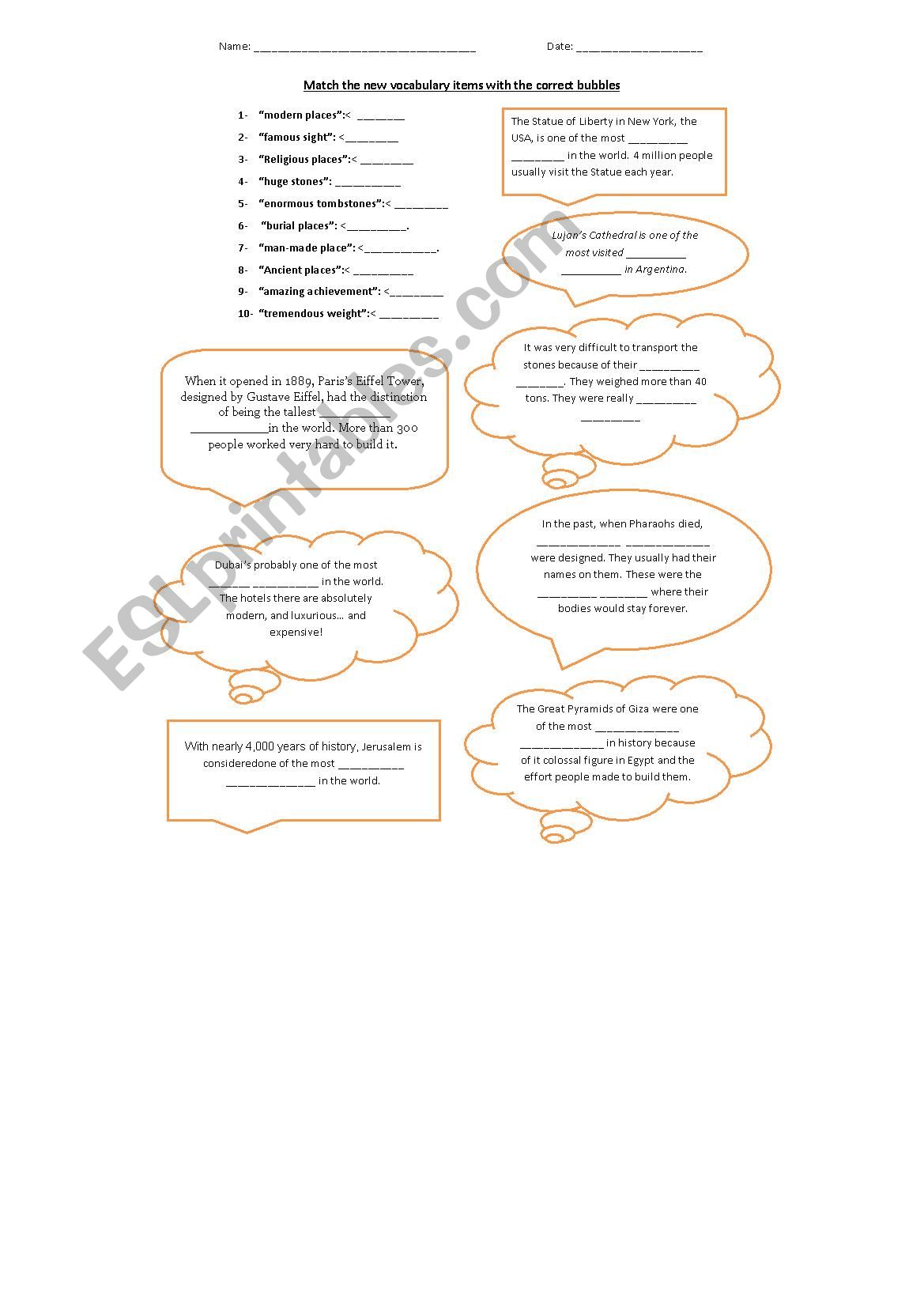 Places - Matching Activity worksheet
