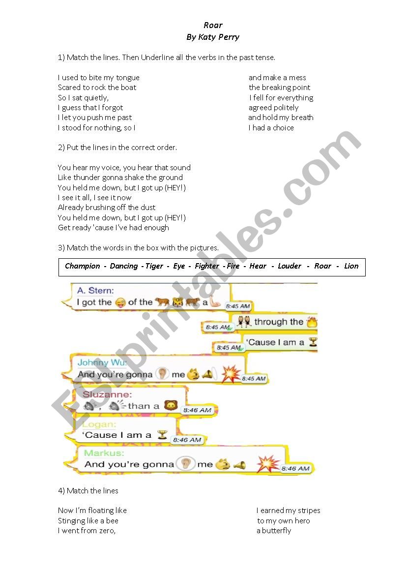 Roar by Katy Perry worksheet