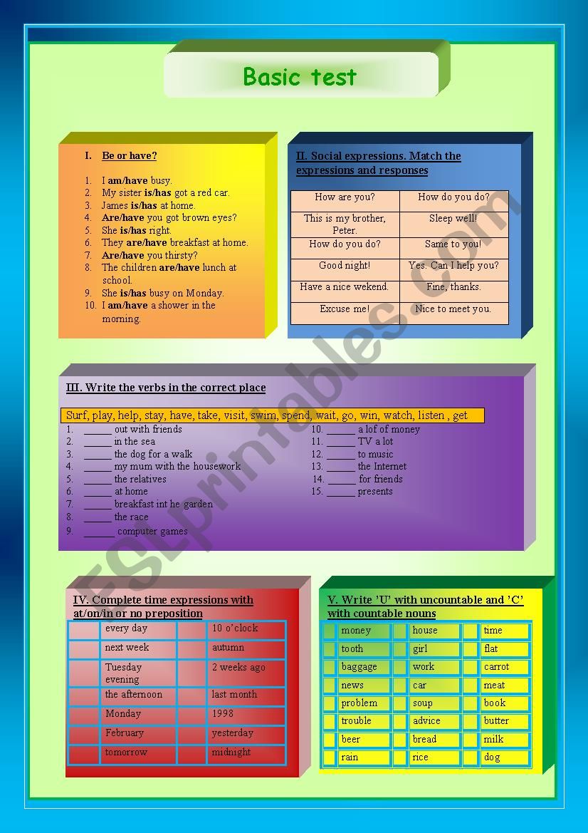 Basic test worksheet