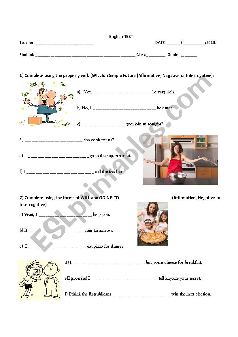 Will & Going to TEST worksheet