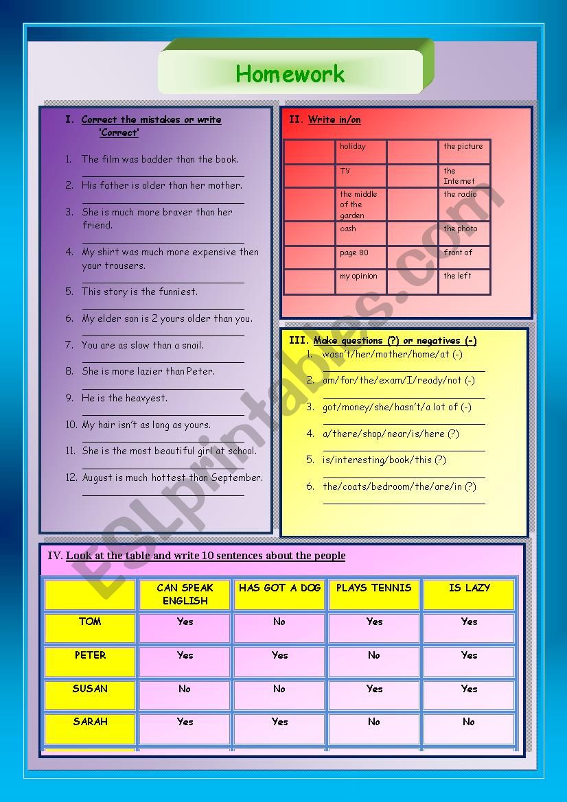 Homework worksheet