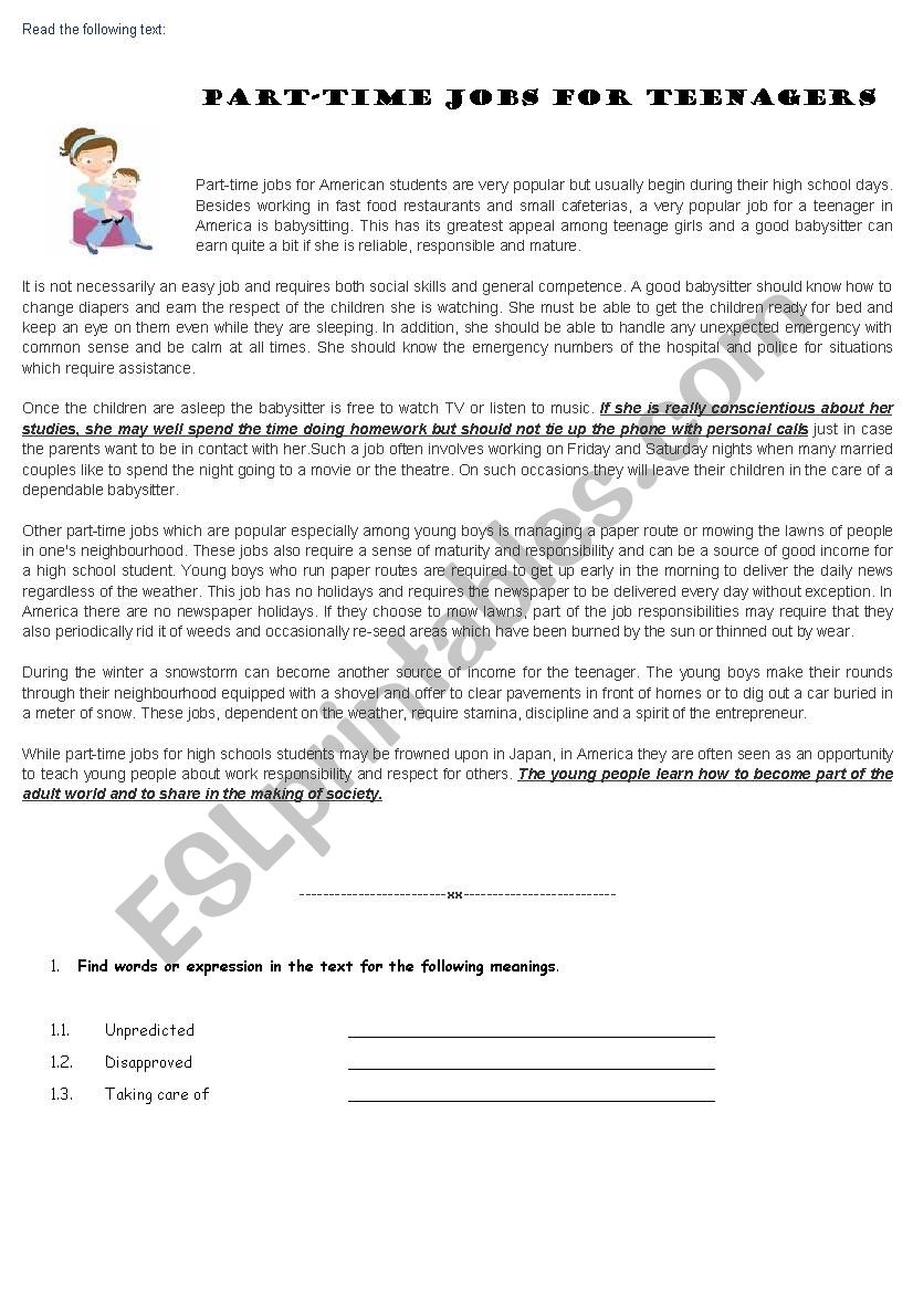 Part time jobs of teens worksheet