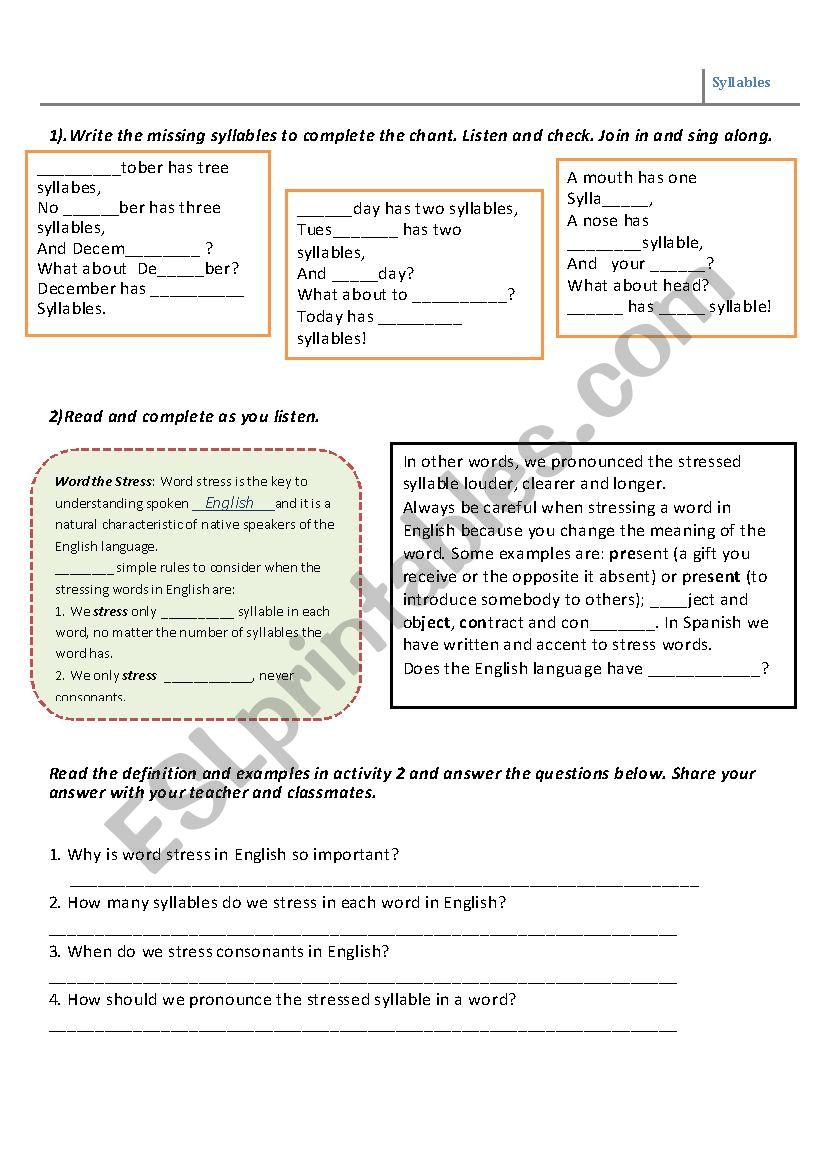 Syllables worksheet