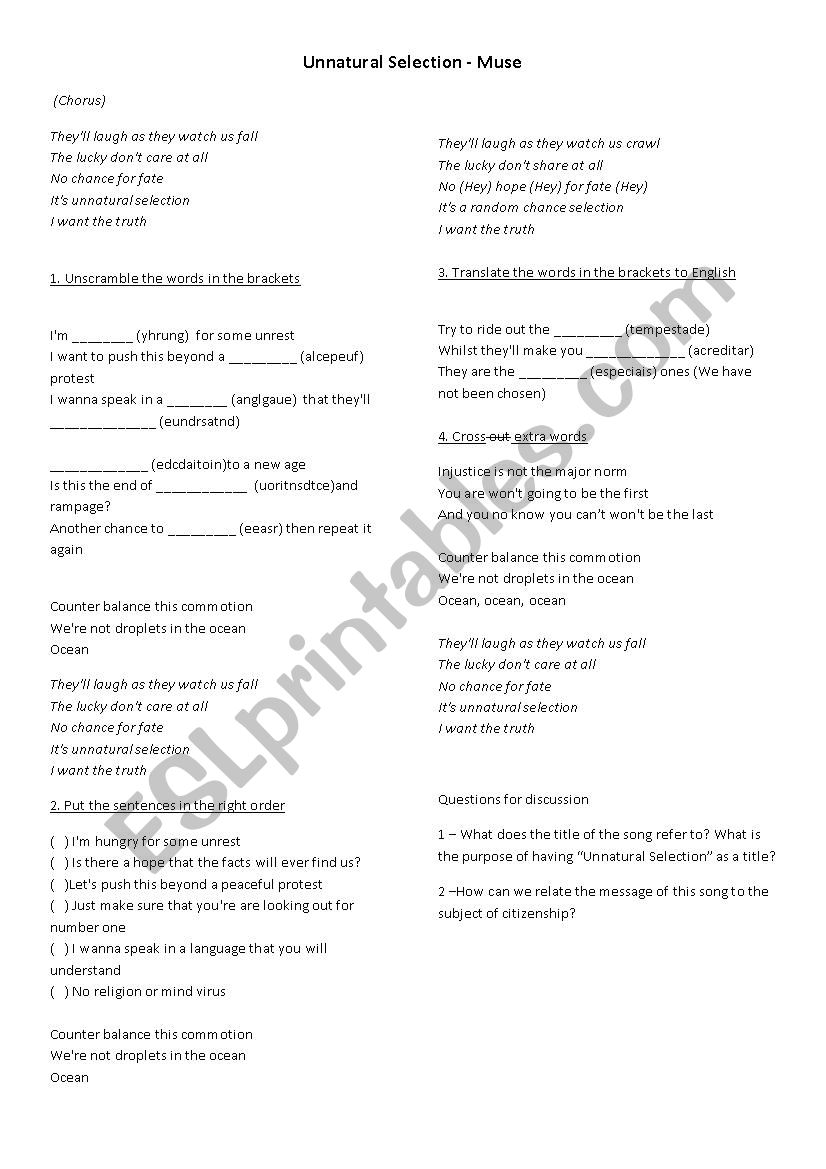 Unnatural Selection - Muse worksheet