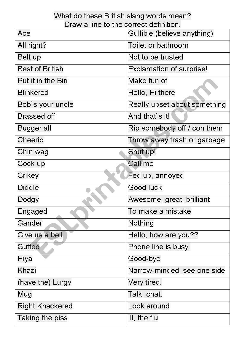 British Slang - Matching worksheet