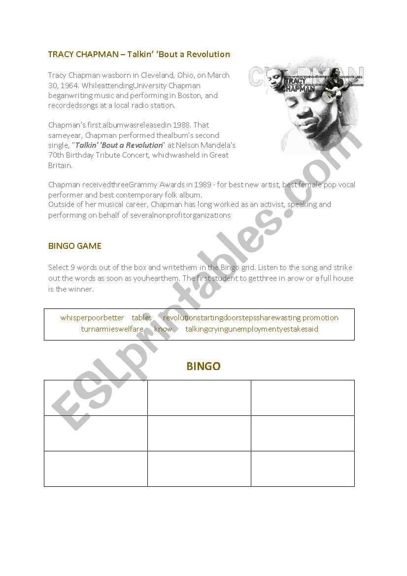 Tracy Chapman - Talkin About a Revolution Worksheet