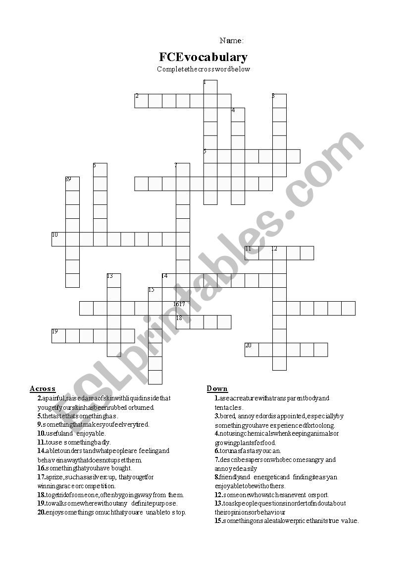 FCE vocabulary crossword worksheet